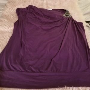 Eggplant colored top with decorated shoulder